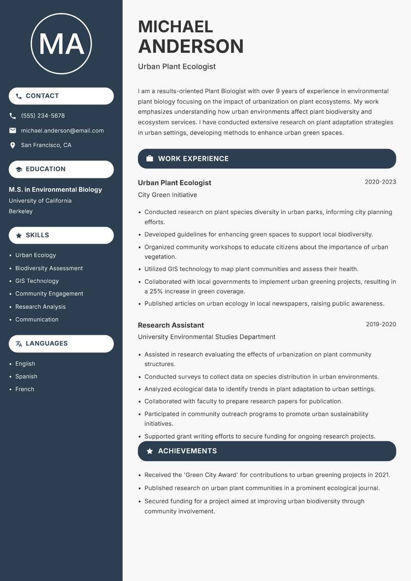 Plant Biologist resume template — Compact