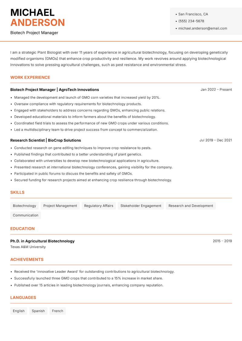 Plant Biologist resume template — Modern Professional