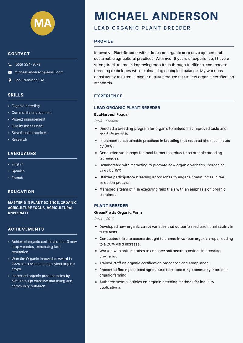 Plant Breeder resume template — Classic Clean