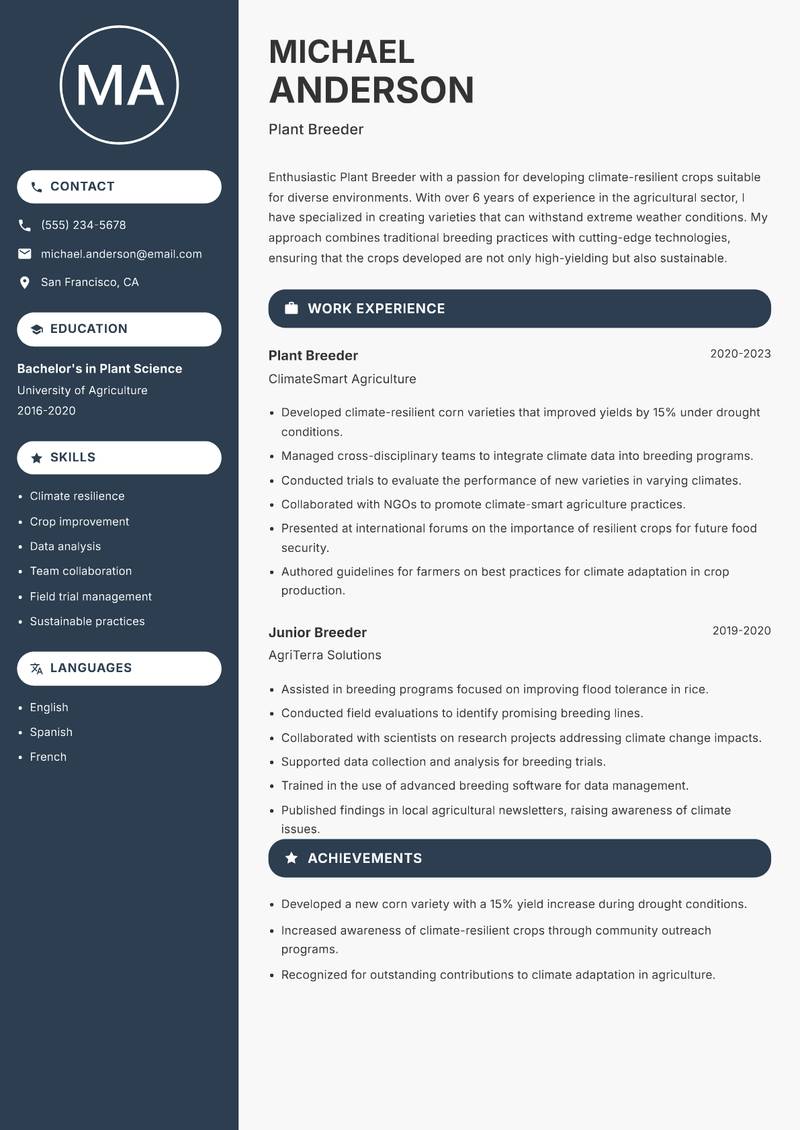 Plant Breeder resume template — Compact