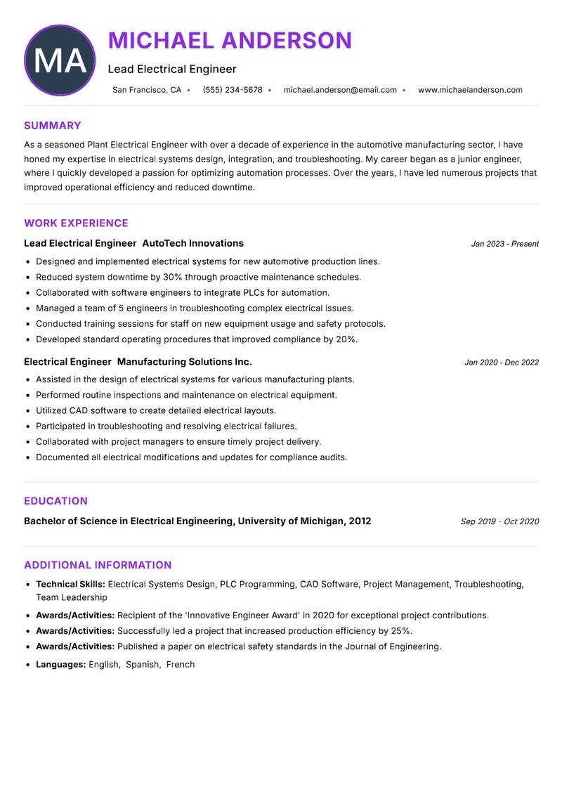 Plant Electrical Engineer resume example — ATS-friendly template