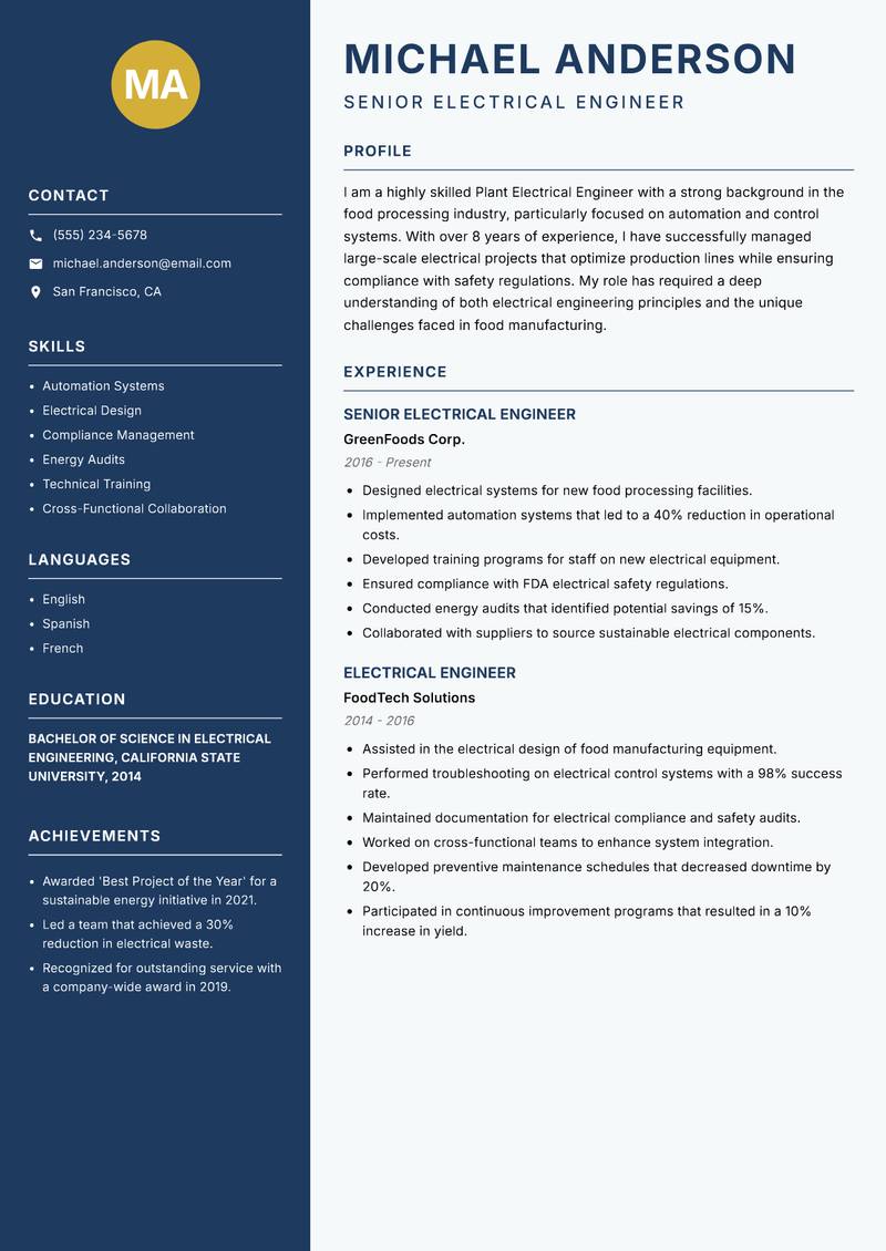 Plant Electrical Engineer resume template — Classic Clean