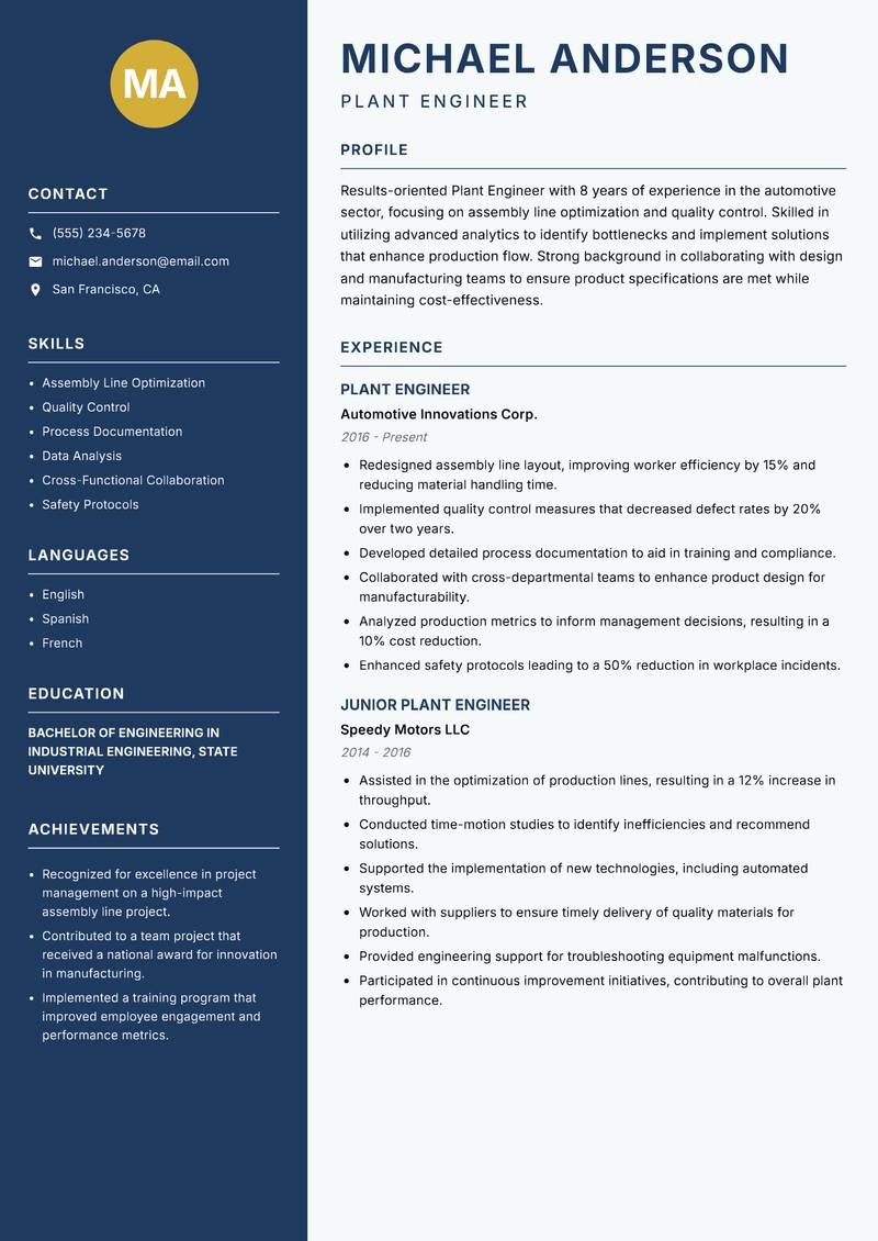 Plant Engineer resume template — Classic Clean