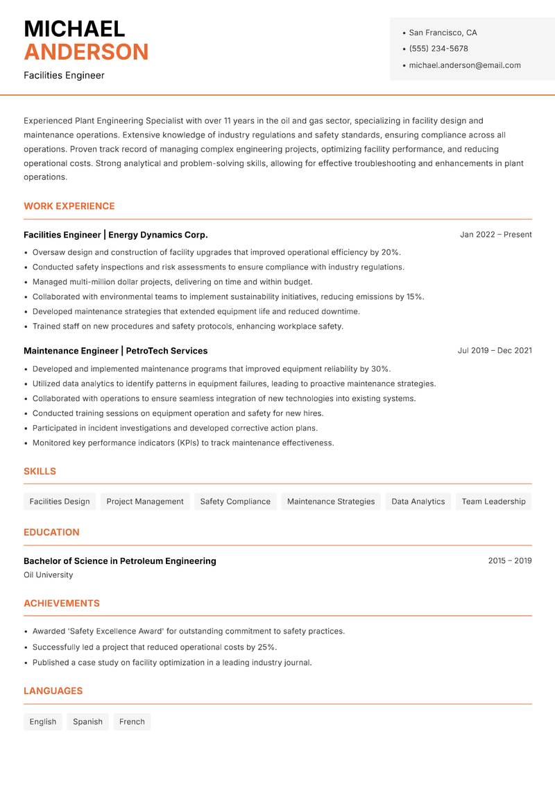 Plant Engineering Specialist resume template — Modern Professional