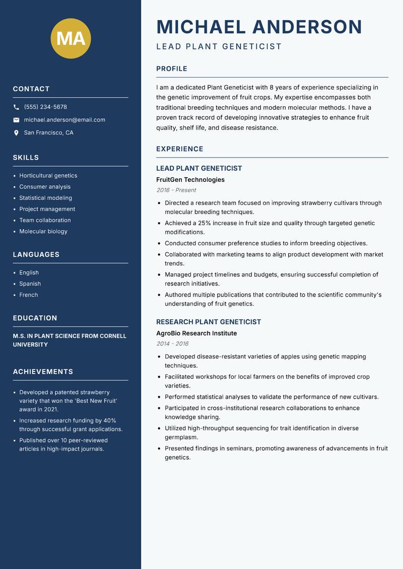 Plant Geneticist resume template — Classic Clean