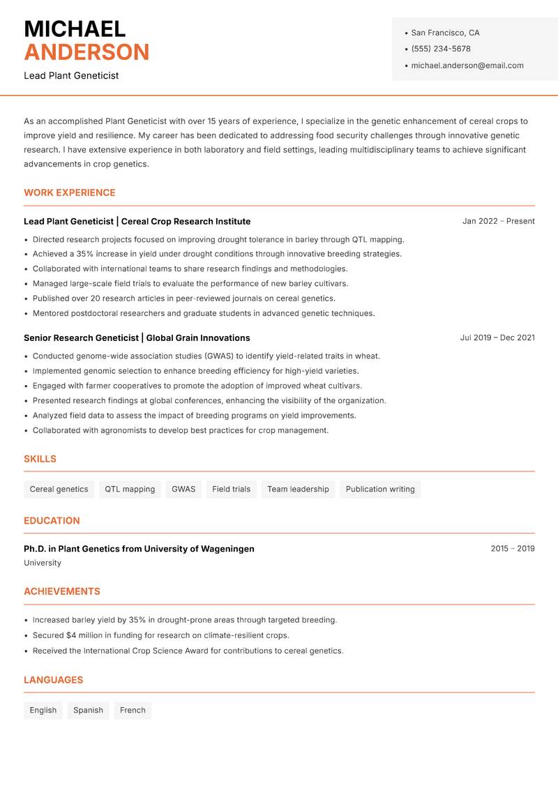 Plant Geneticist resume template — Modern Professional