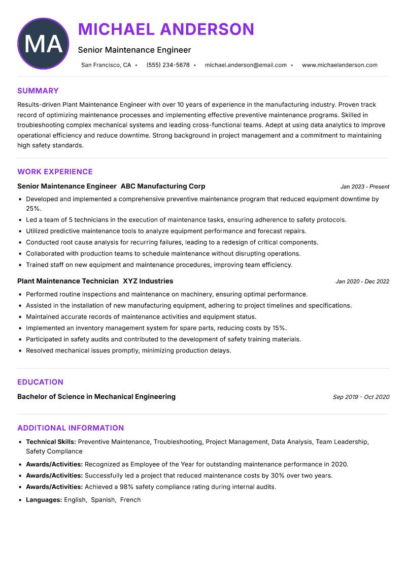 Plant Maintenance Engineer resume example — ATS-friendly template