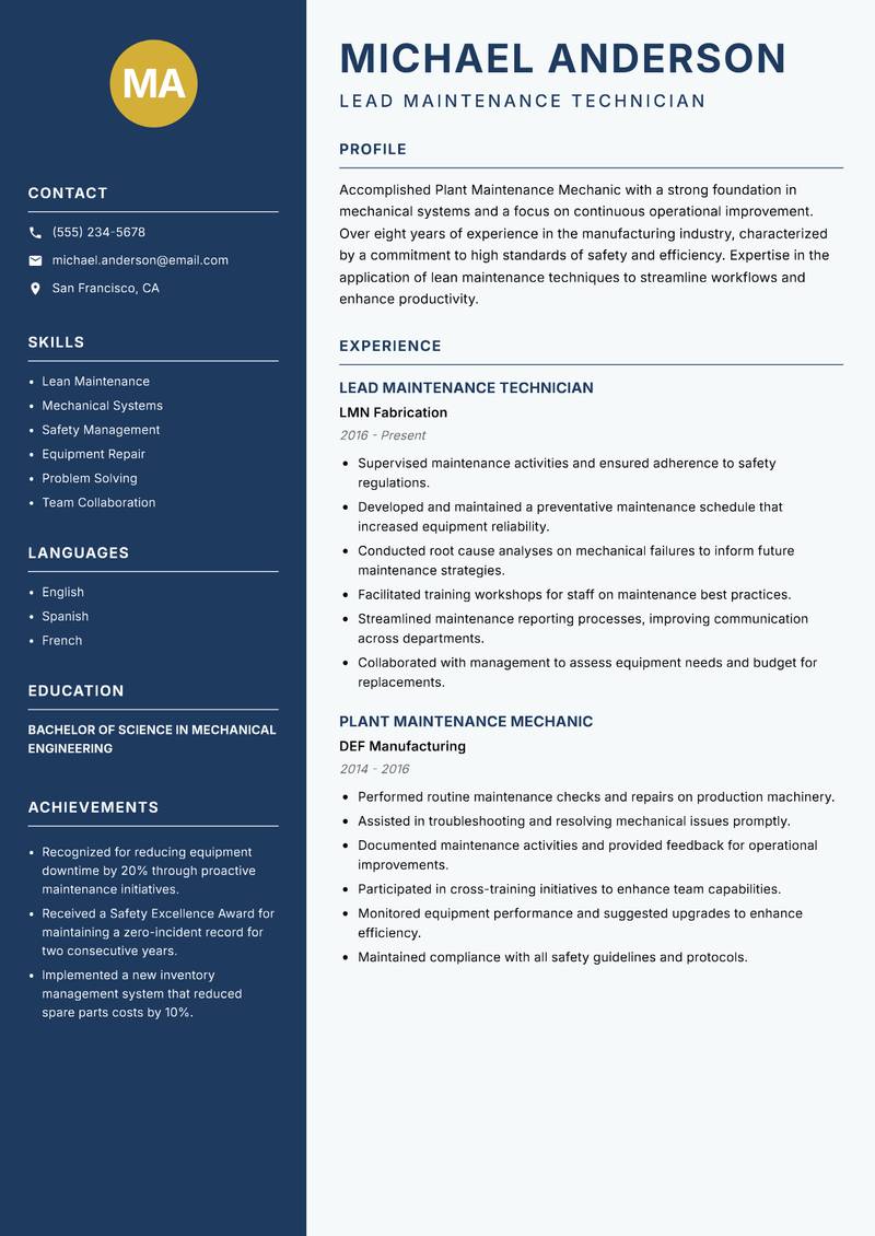 Plant Maintenance Mechanic resume template — Classic Clean