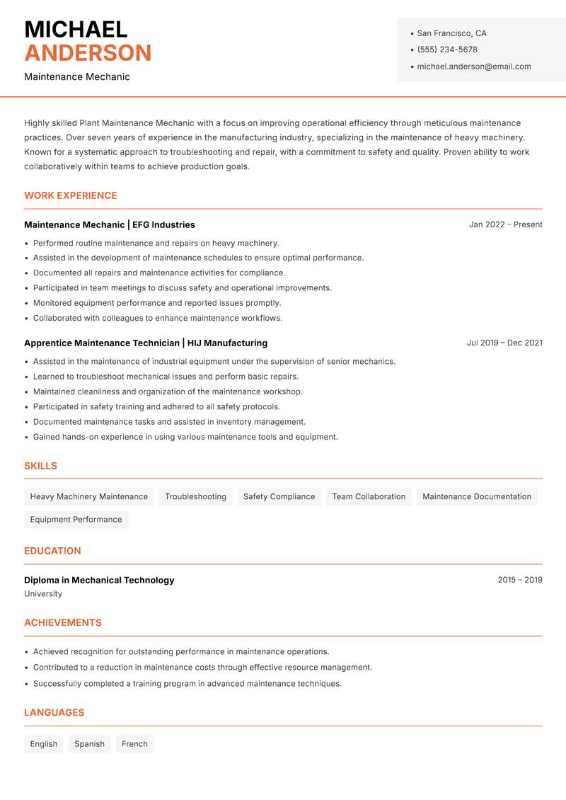 Plant Maintenance Mechanic resume template — Modern Professional