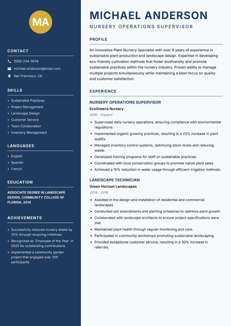Plant Nursery Specialist resume template — Classic Clean
