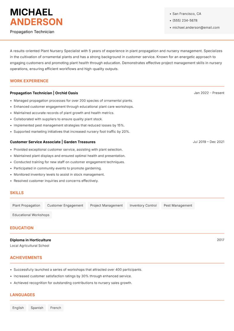 Plant Nursery Specialist resume template — Modern Professional