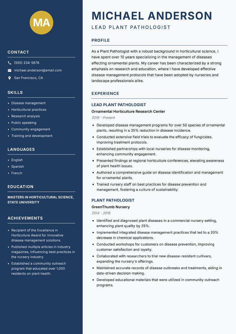 Plant Pathologist resume template — Classic Clean