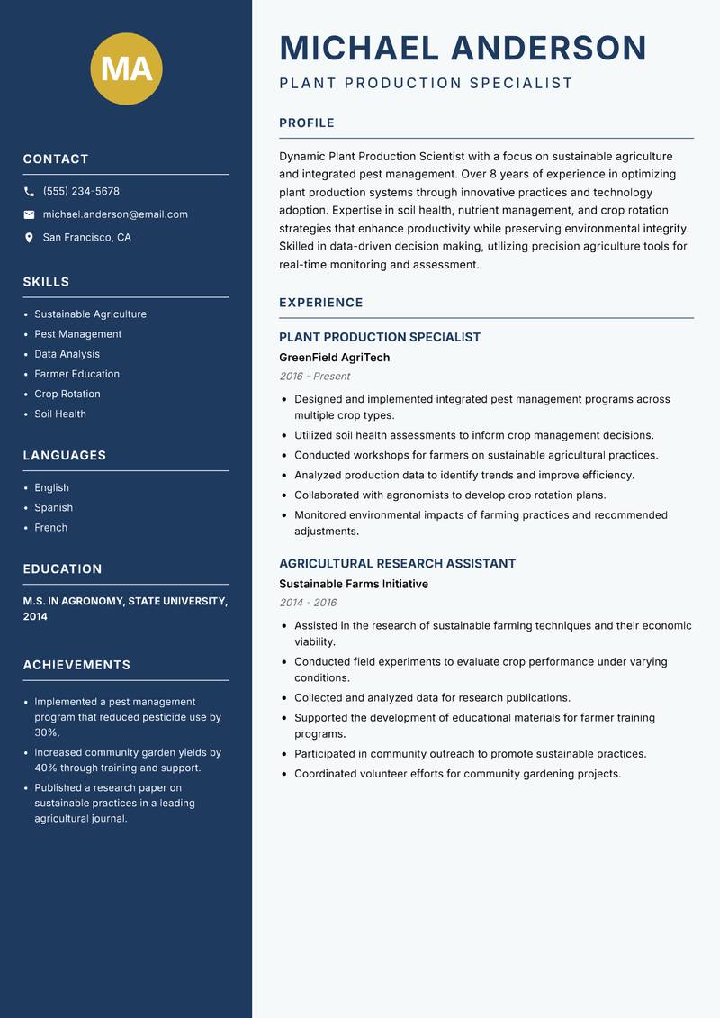 Plant Production Scientist resume template — Classic Clean