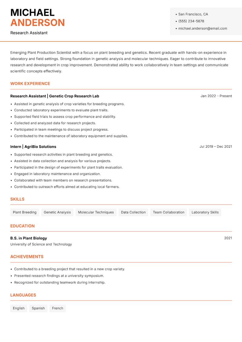 Plant Production Scientist resume template — Modern Professional