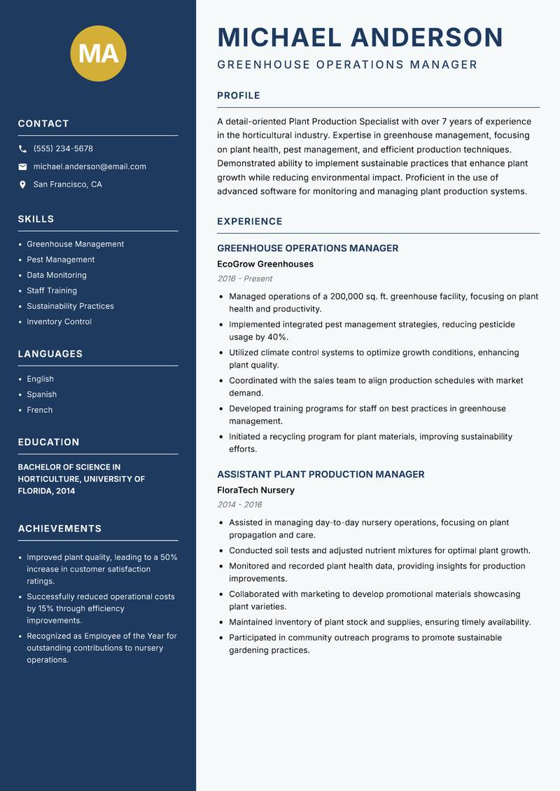 Plant Production Specialist resume template — Classic Clean