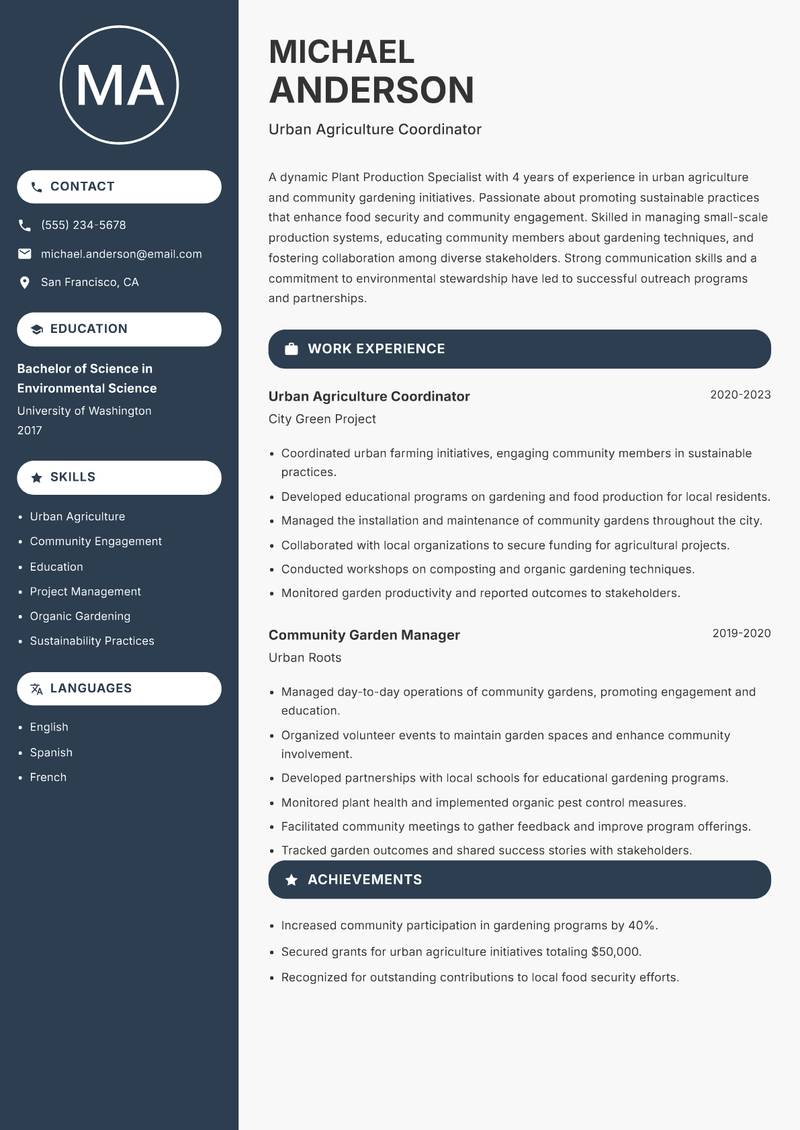 Plant Production Specialist resume template — Compact