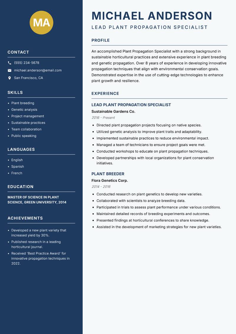 Plant Propagation Specialist resume template — Classic Clean