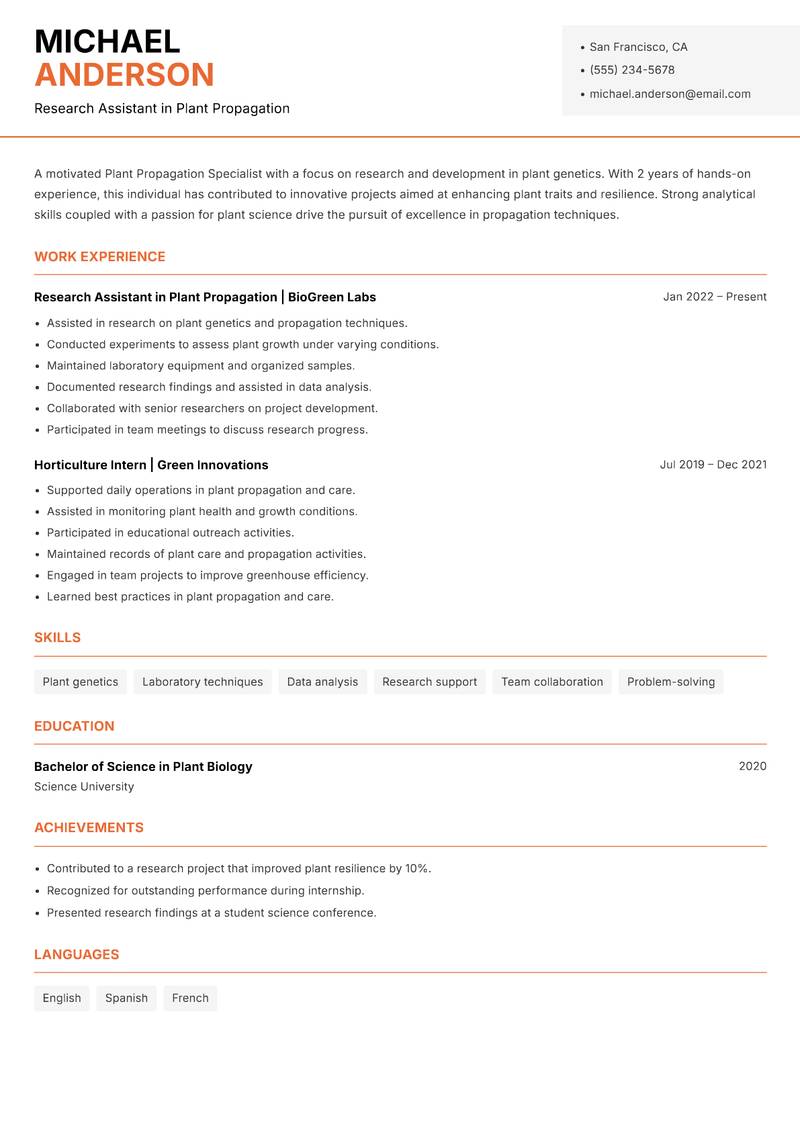 Plant Propagation Specialist resume template — Modern Professional