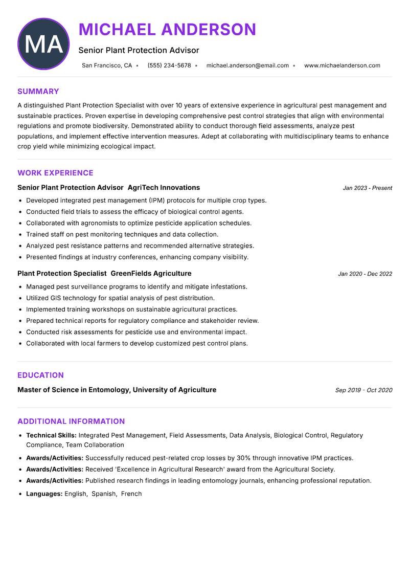 Plant Protection Specialist resume example — ATS-friendly template