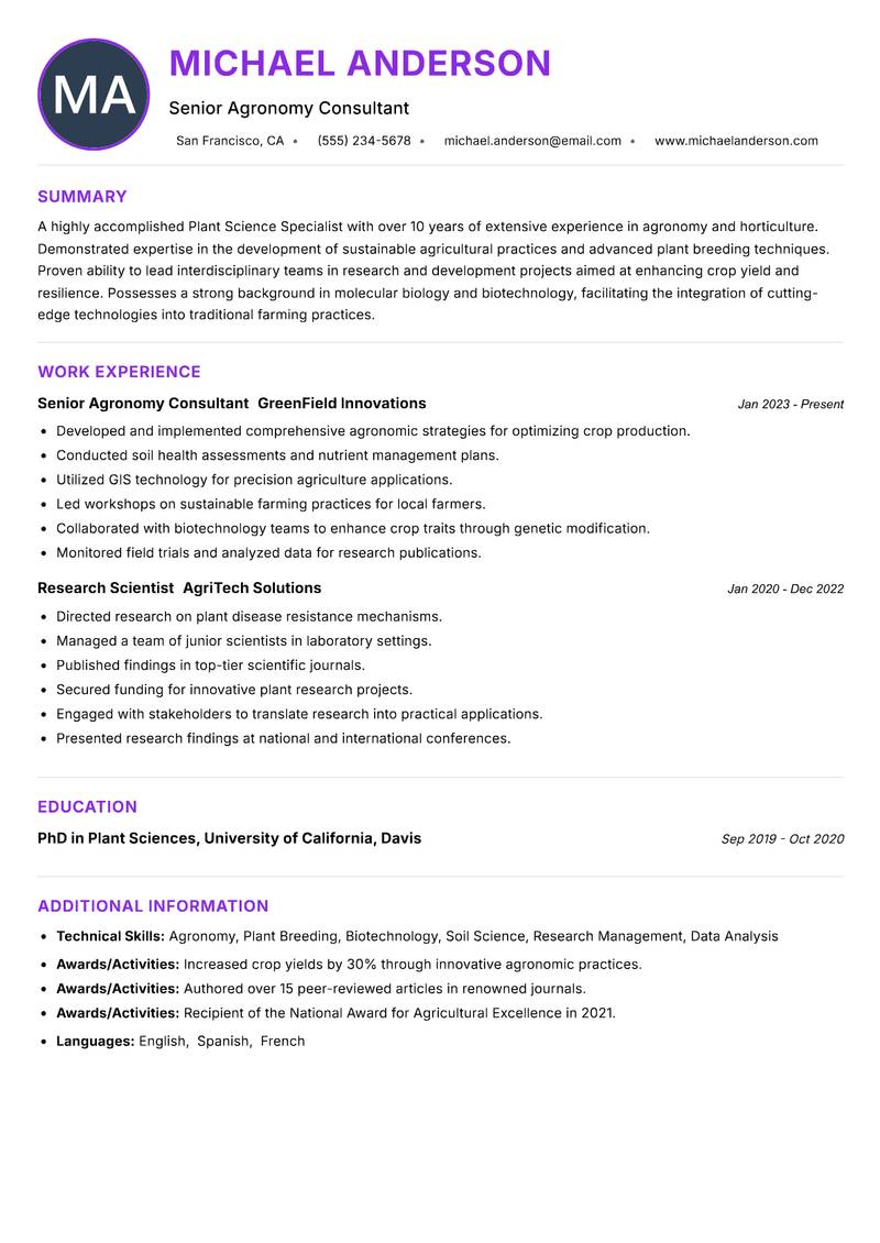Plant Science Specialist resume example — ATS-friendly template