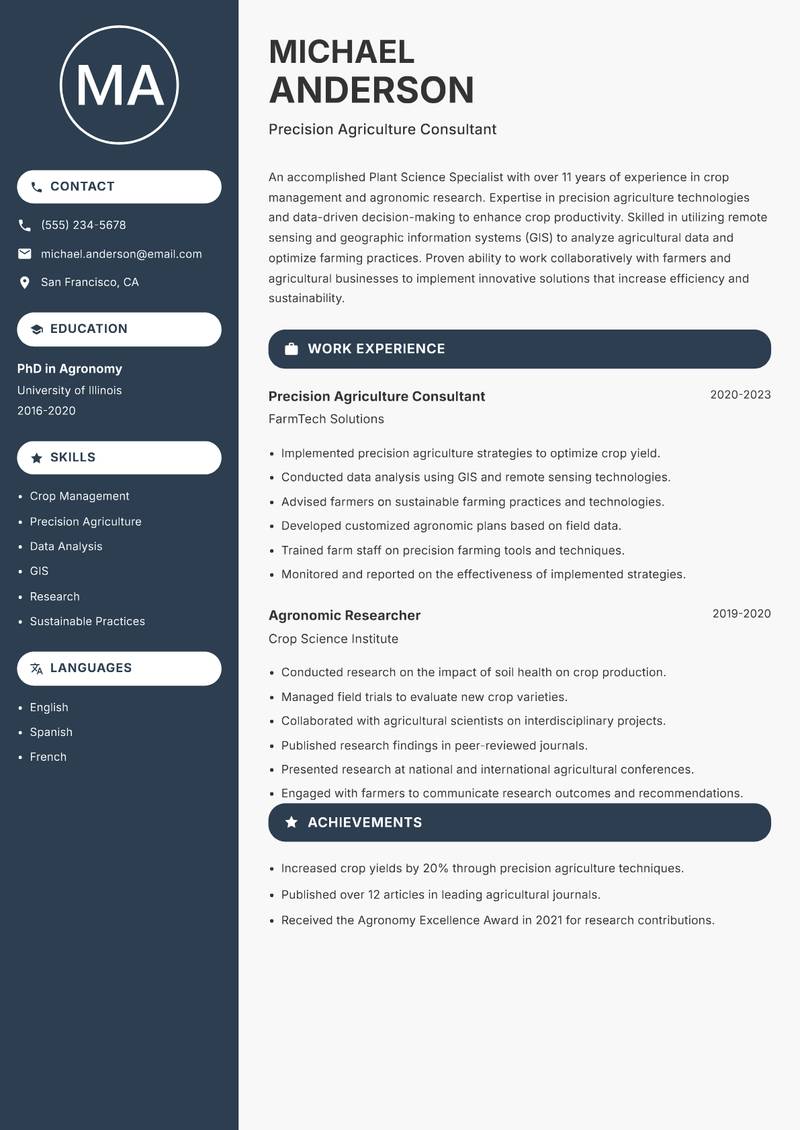 Plant Science Specialist resume template — Compact