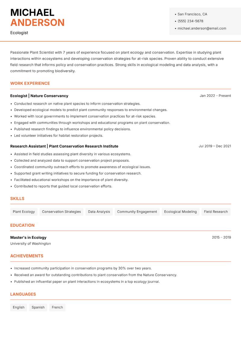 Plant Scientist resume template — Modern Professional
