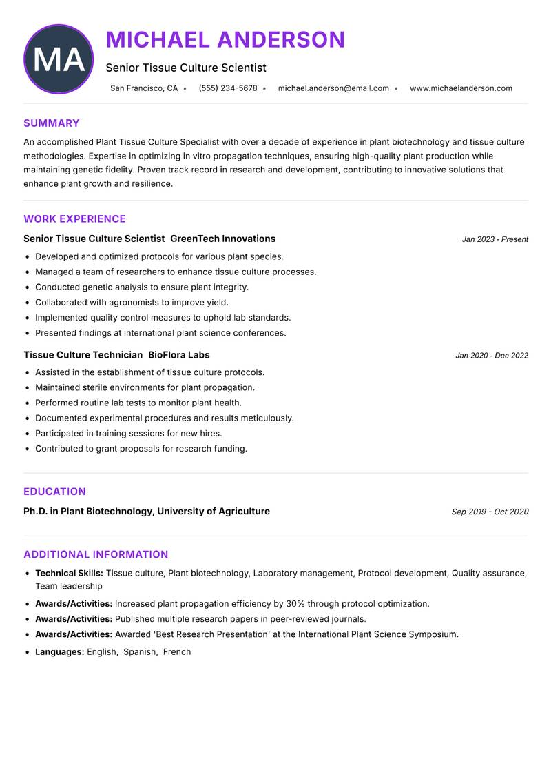 Plant Tissue Culture Specialist resume example — ATS-friendly template
