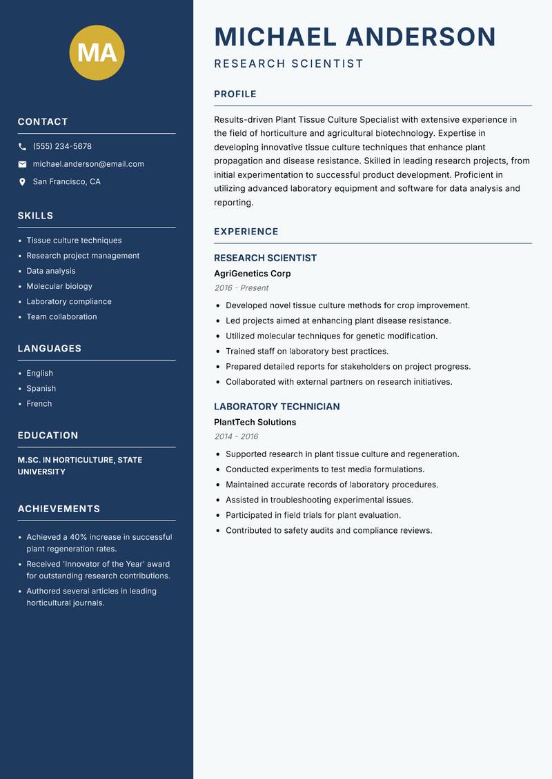 Plant Tissue Culture Specialist resume template — Classic Clean
