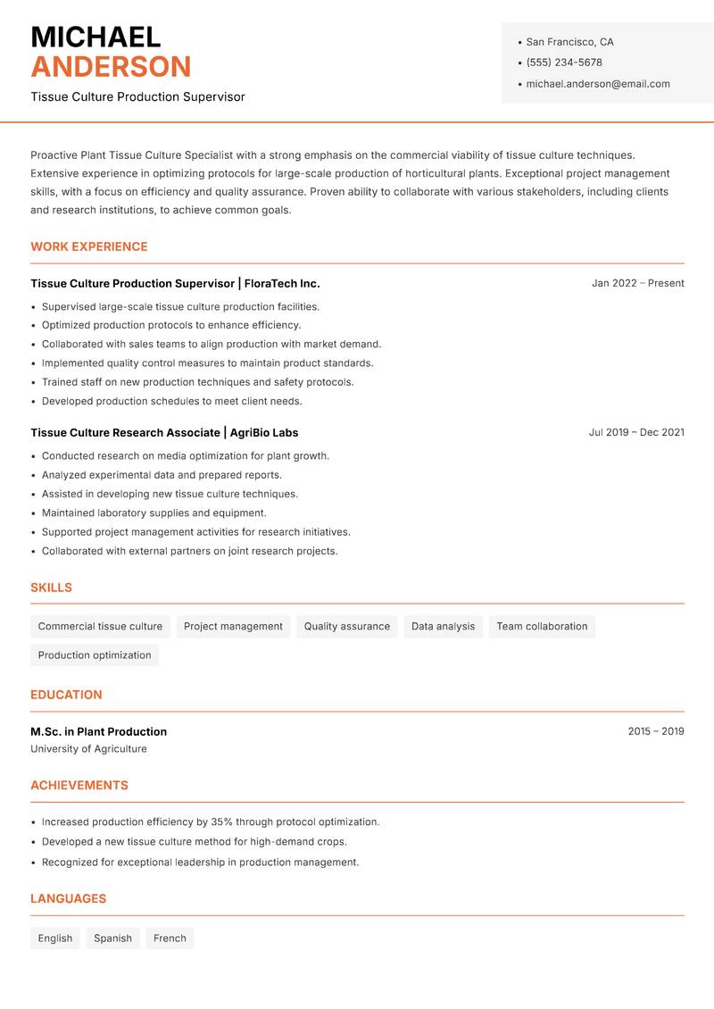 Plant Tissue Culture Specialist resume template — Modern Professional