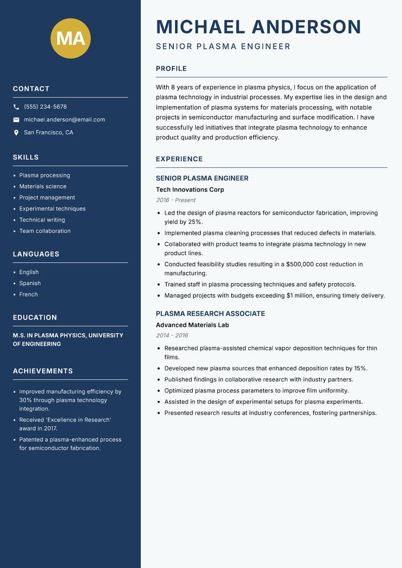 Plasma Physicist resume template — Classic Clean