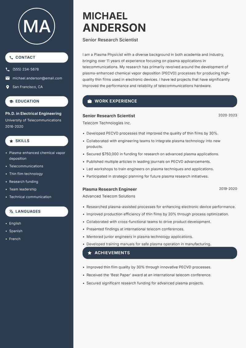 Plasma Physicist resume template — Compact