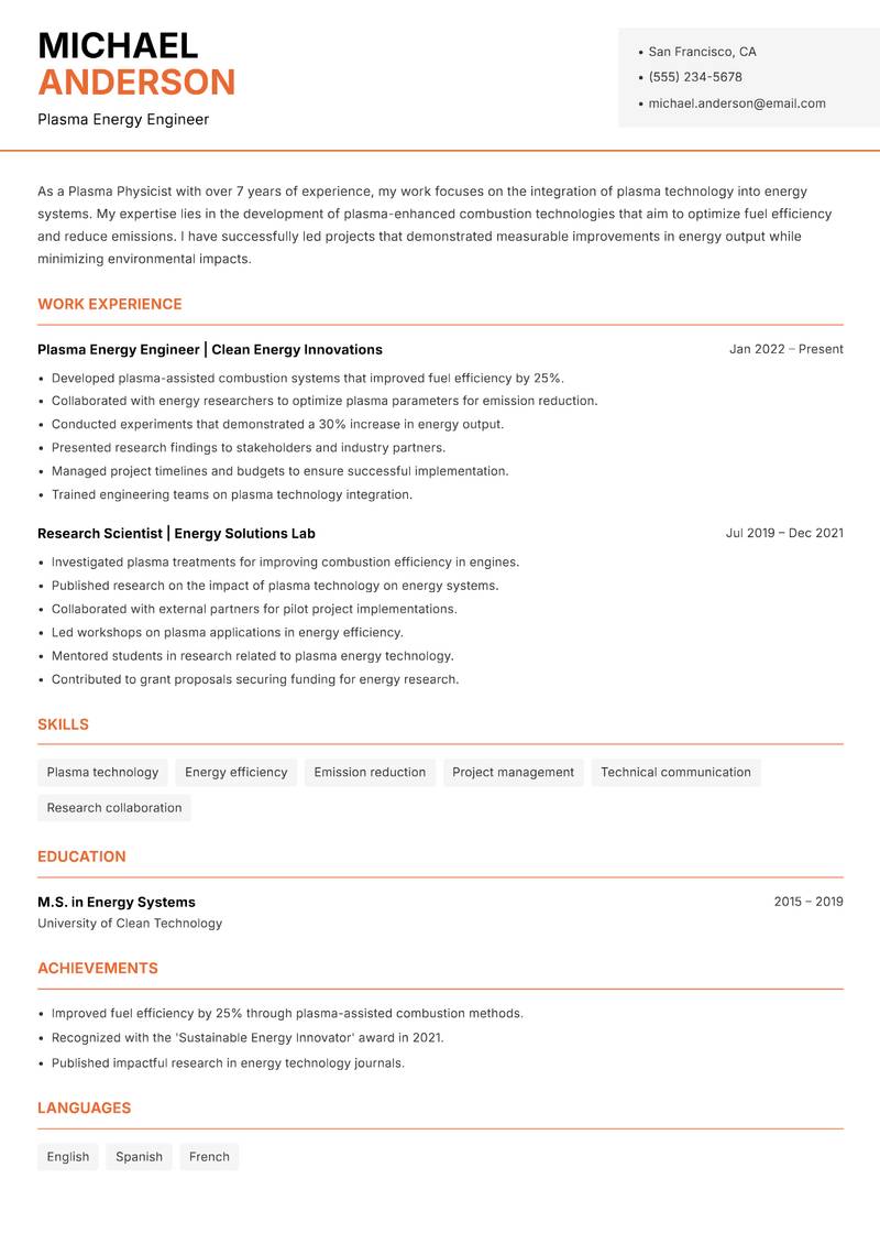 Plasma Physicist resume template — Modern Professional