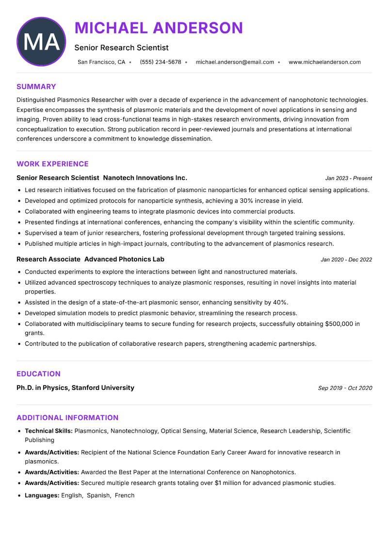 Plasmonics Researcher resume example — ATS-friendly template