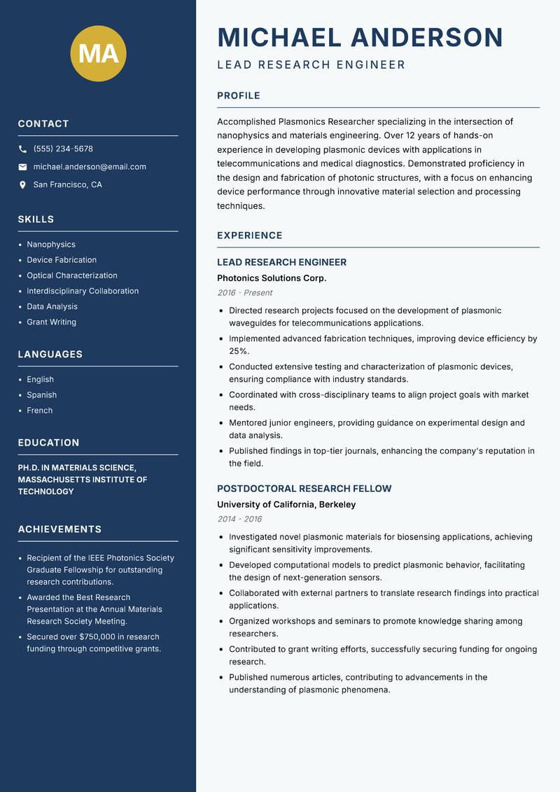 Plasmonics Researcher resume template — Classic Clean