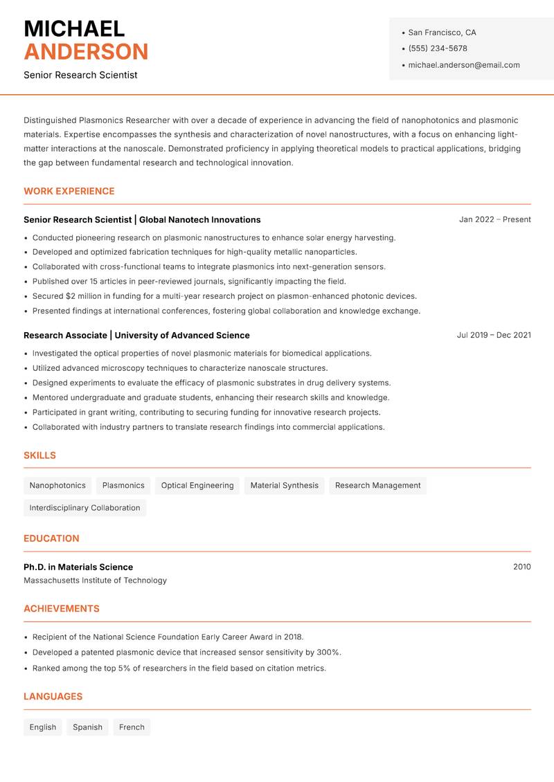 Plasmonics Researcher resume template — Modern Professional