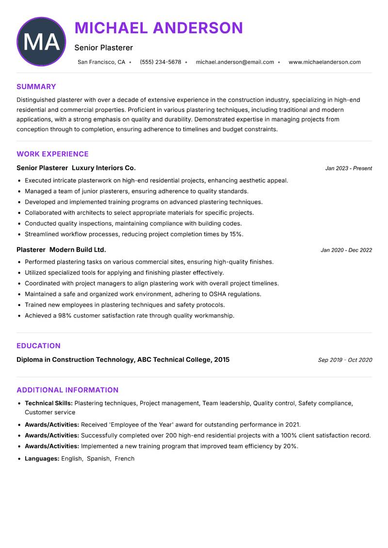 Plasterer resume example — ATS-friendly template