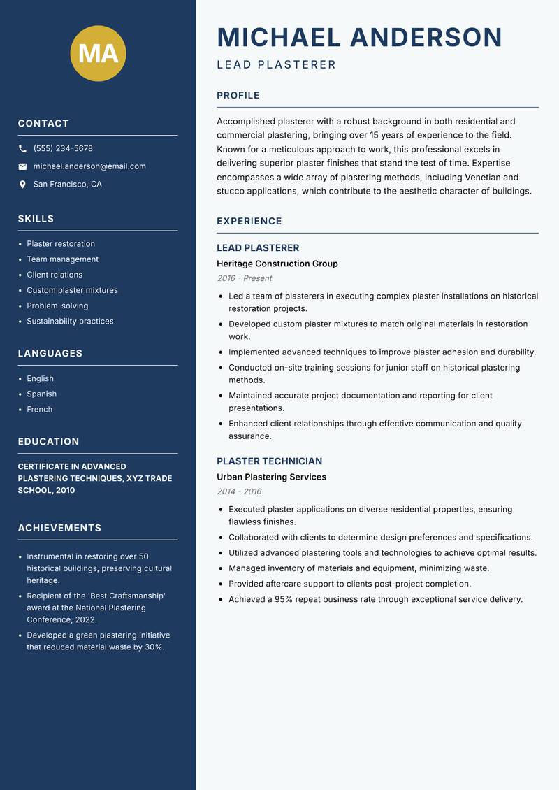 Plasterer resume template — Classic Clean