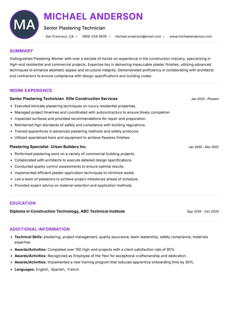 Plastering Worker resume example — ATS-friendly template