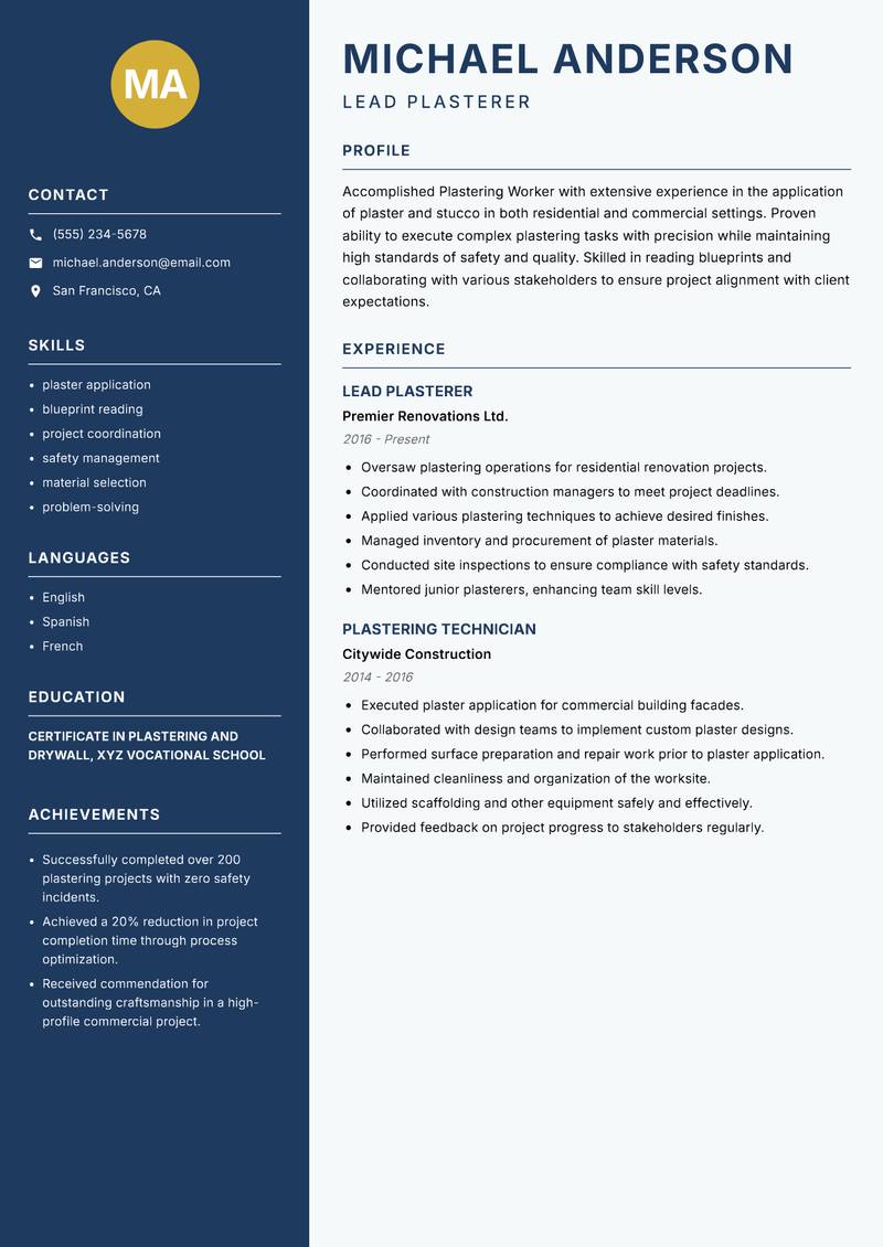 Plastering Worker resume template — Classic Clean