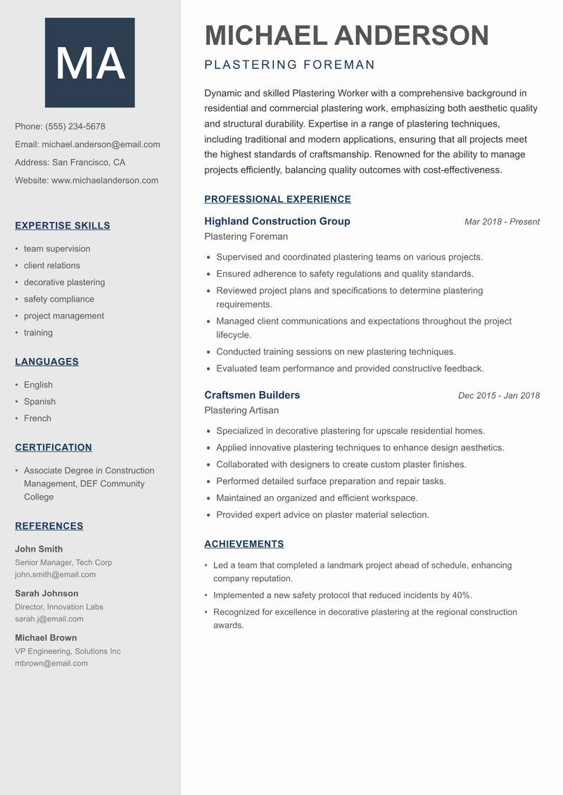 Plastering Worker resume template — Creative Minimal