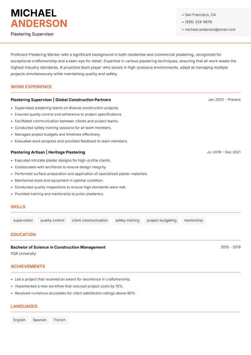Plastering Worker resume template — Modern Professional