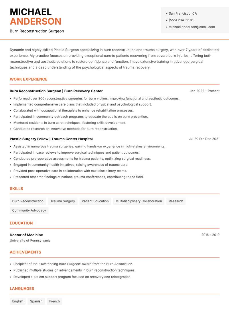 Plastic Surgeon resume template — Modern Professional