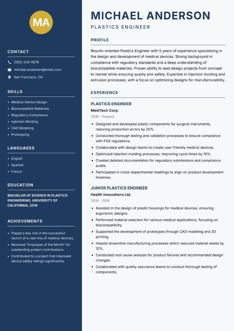Plastics Engineer resume template — Classic Clean