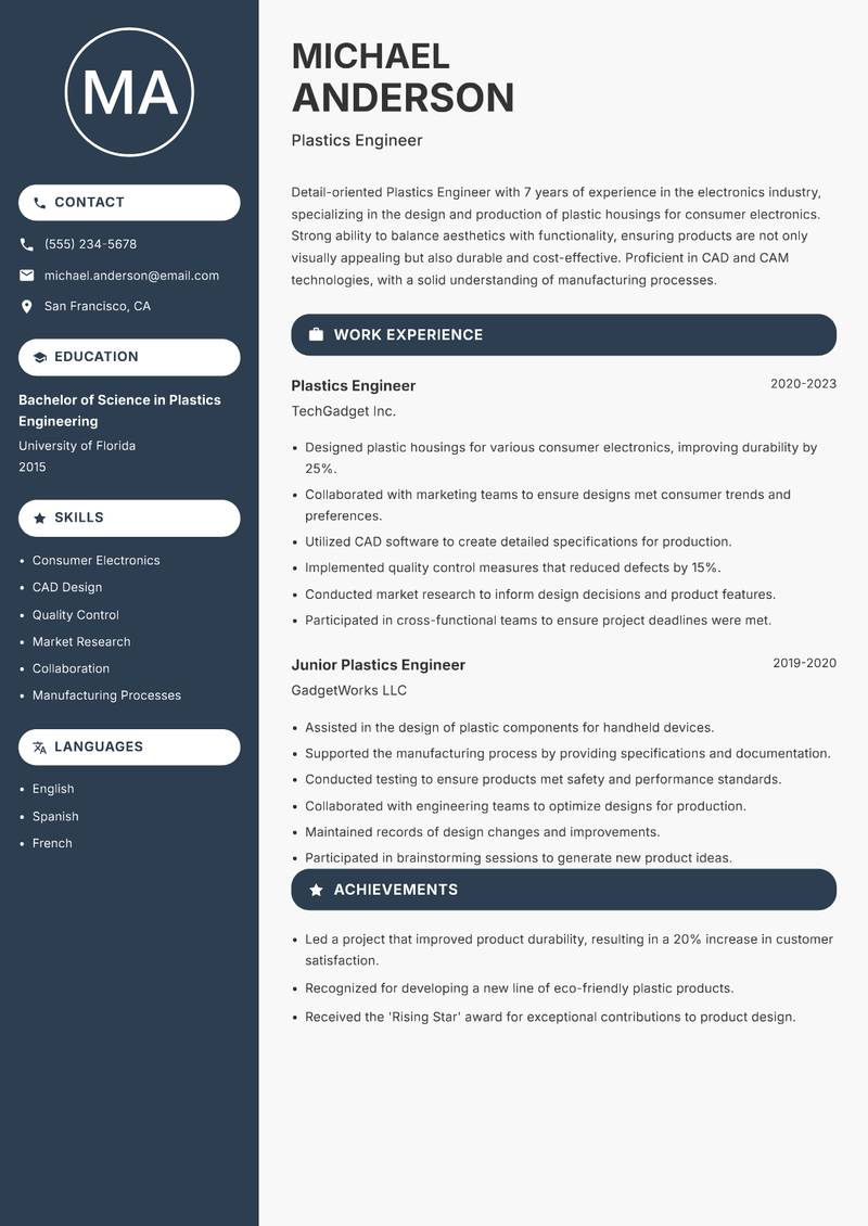 Plastics Engineer resume template — Compact