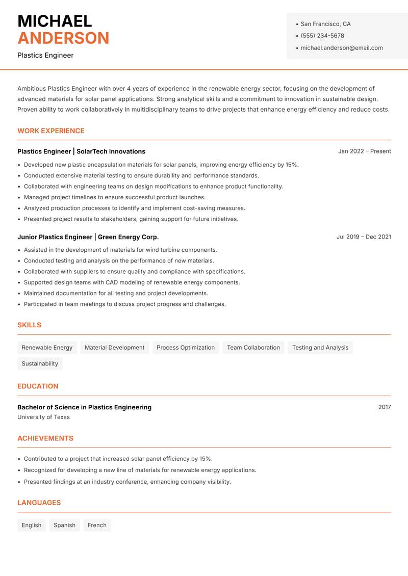 Plastics Engineer resume template — Modern Professional