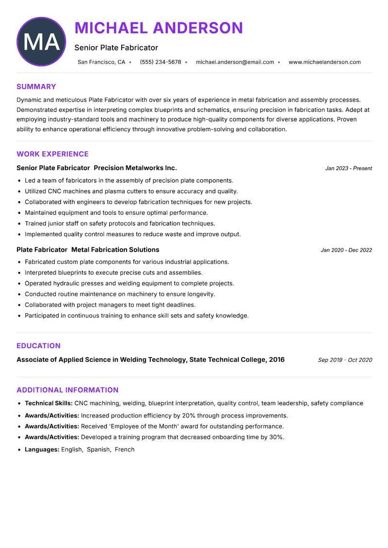 Plate Fabricator resume example — ATS-friendly template