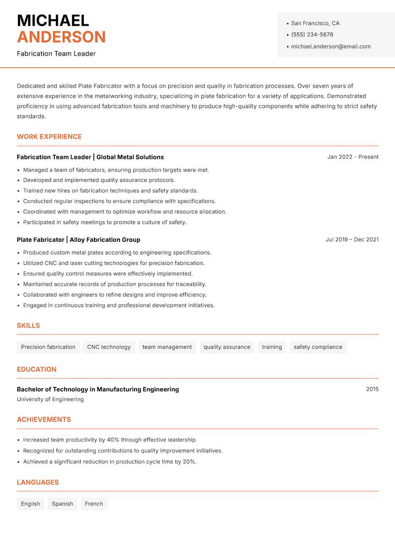 Plate Fabricator resume template — Modern Professional