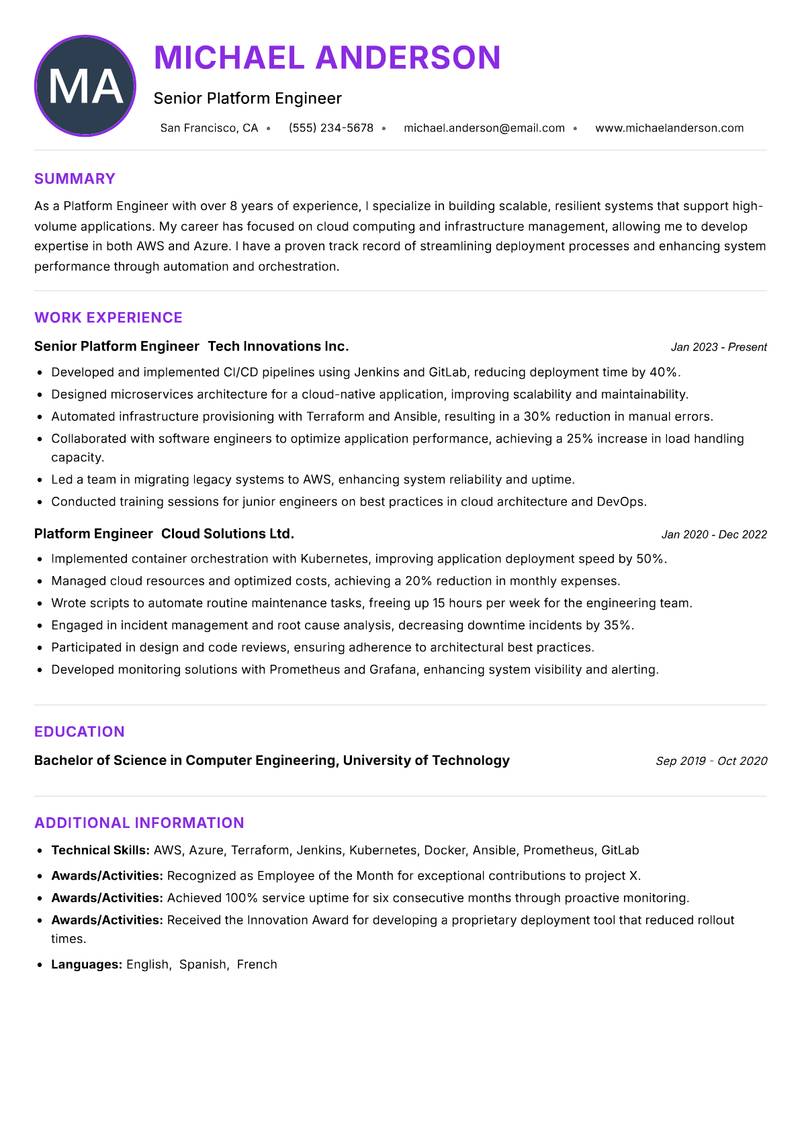 Platform Engineer resume example — ATS-friendly template