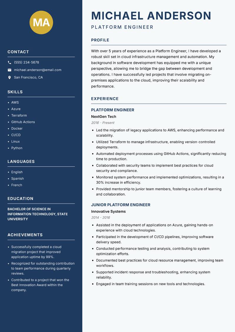 Platform Engineer resume template — Classic Clean
