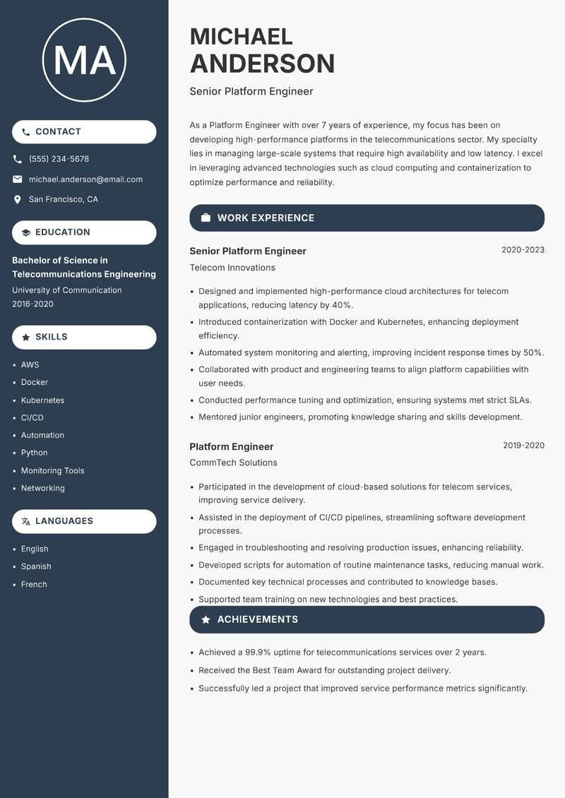 Platform Engineer resume template — Compact